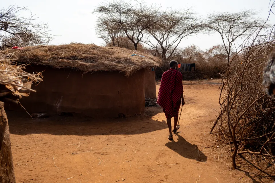 Viviendas tradicionales de adobe y madera en una aldea manyatta masai junto a Masai Mara.