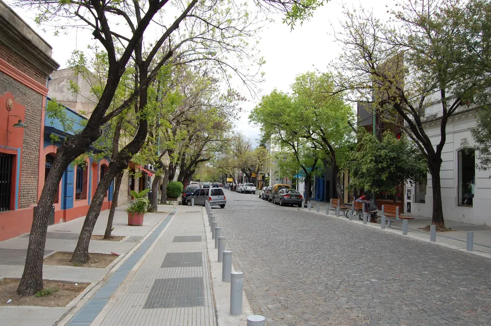 Calle arbolada con adoquines, arte urbano y cafés de diseño en Palermo Soho.