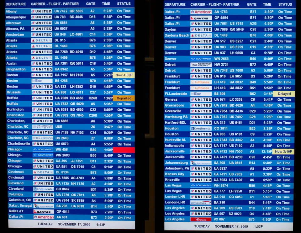 Panel informativo de salidas y llegadas de vuelos internacionales en terminal aérea.