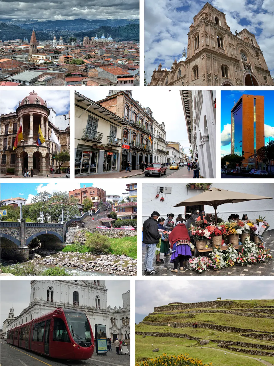 From top, left to right: Panoramic view of the Historic Center, Cathedral of the Immaculate Conception of Cuenca, City h en cuenca
