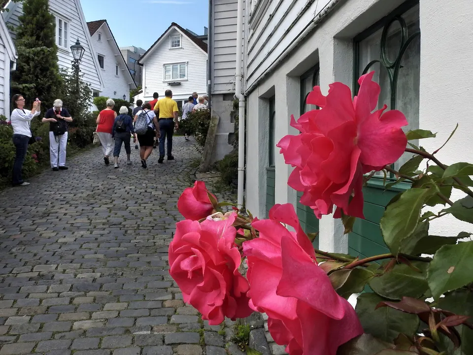 Casitas de madera blanca del siglo XVIII con jardineras de flores en Gamle Stavanger.