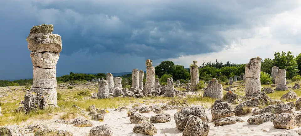 Columnas cilíndricas de roca caliza en el paraje geológico del Bosque Petrificado cerca de Varna.