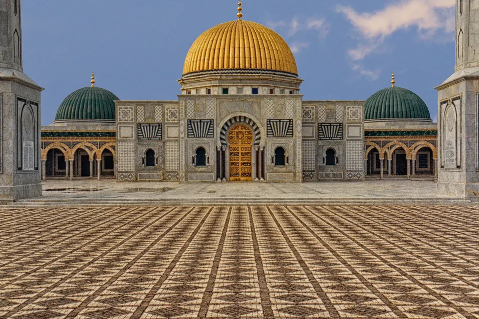 Mausoleo de Habib Bourguiba en Monastir con su cúpula dorada y alminares gemelos.