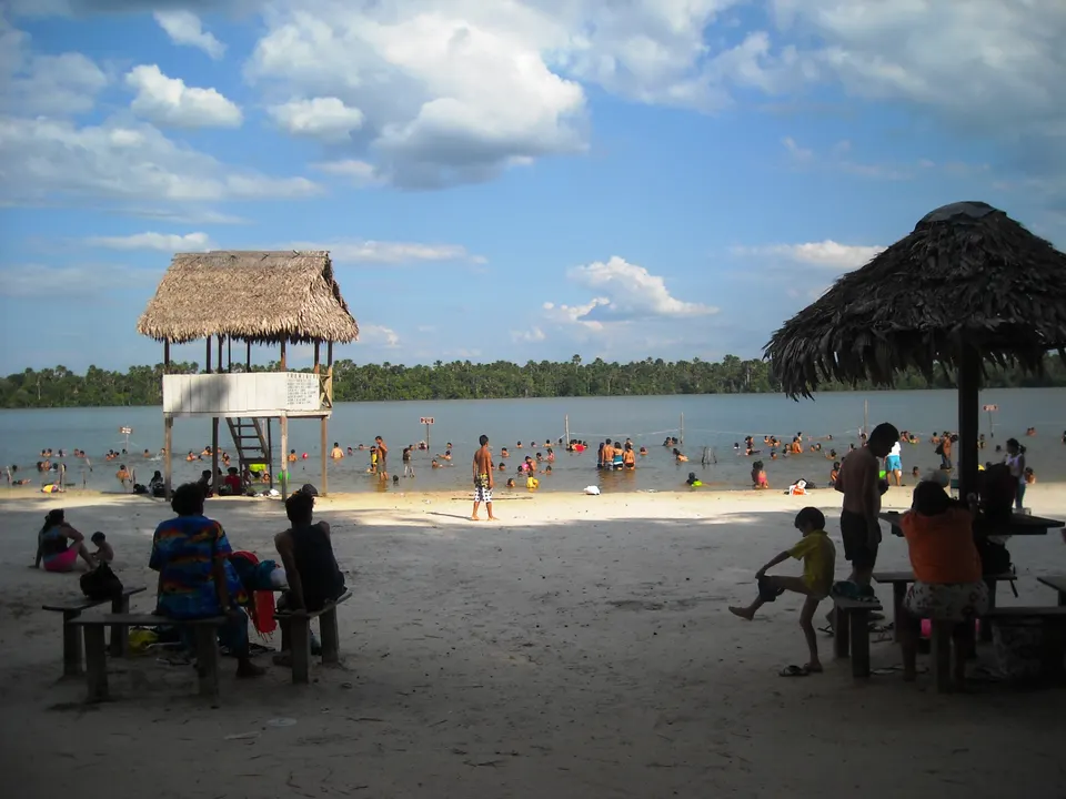 Playa de arena blanca rodeada de densos palmerales de aguaje en la laguna natural de Quistococha en Iquitos