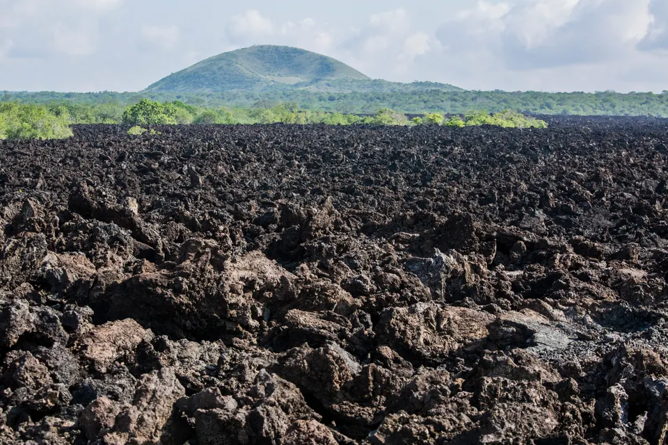 Extenso campo de roca volcánica negra procedente de la erupción de Shetani en Tsavo Oeste.