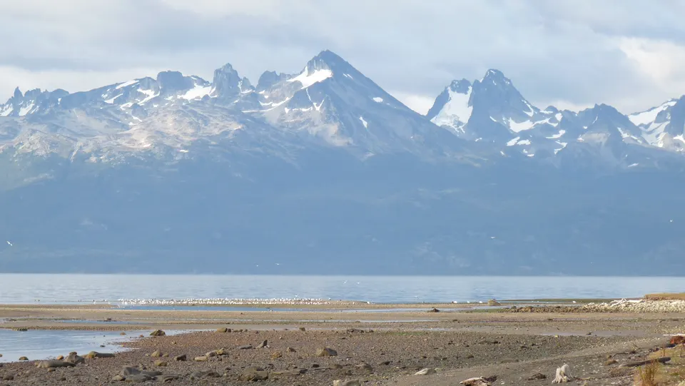 Costa y aguas azul profundo del Canal Beagle con la cordillera fueguina en el horizonte.