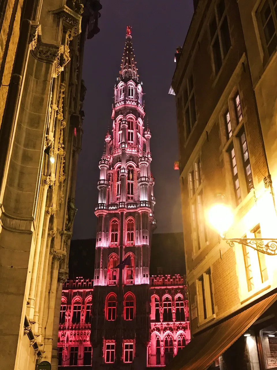 Grand-Place de Bruselas iluminada de noche con el Ayuntamiento gótico al fondo.