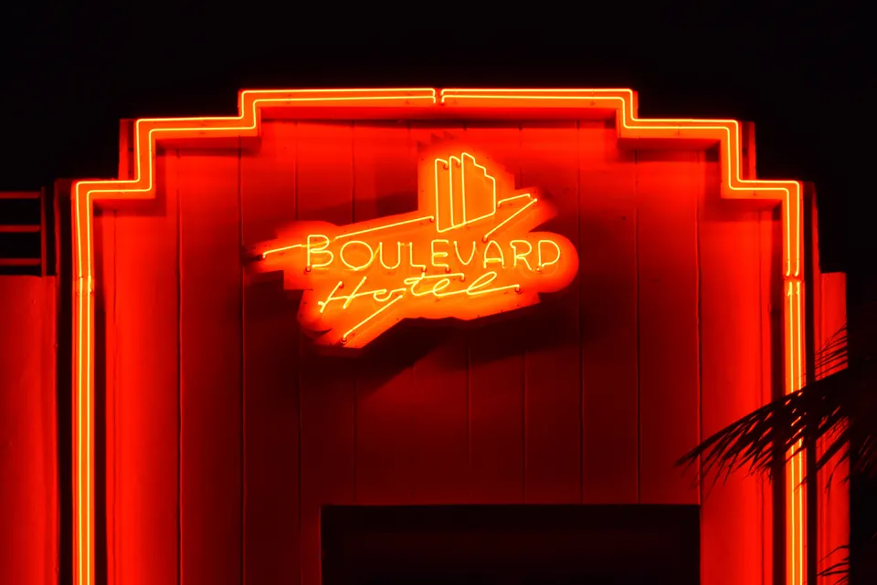 Neon sign of the Boulevard Hotel on Ocean Drive, Miami Beach Art Deco District, Florida. The building was designed by ar en miami