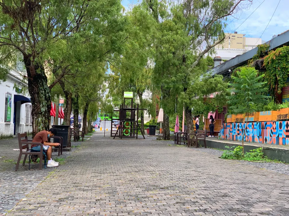 Paseo peatonal arbolado con cafeterías de diseño, murales de arte urbano y restaurantes en Cuatro Grados Norte.
