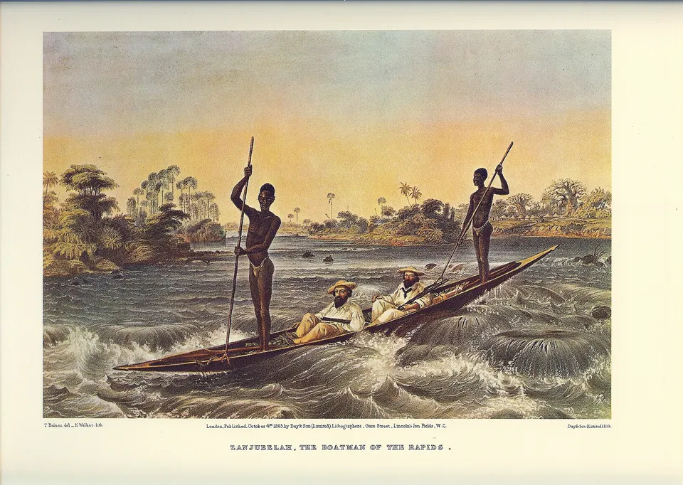 Expedición en canoa navegando entre los meandros e islas fluviales del río Zambeze en Mana Pools.