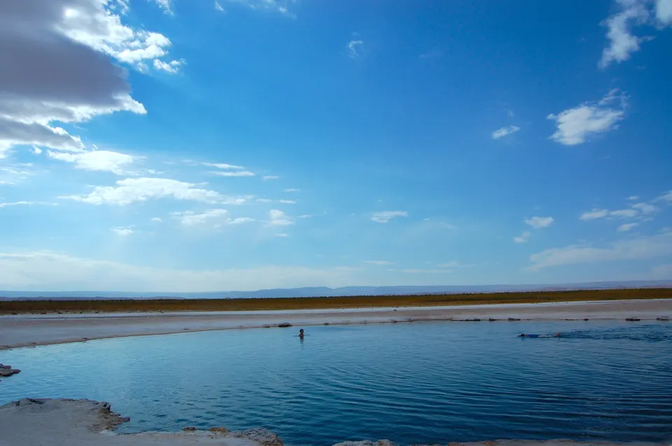Espejo de agua esmeralda de la Laguna Céjar con costras de sal blanca en sus márgenes.