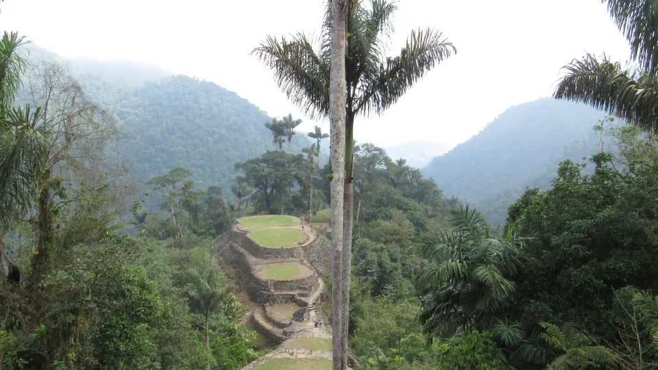 Terrazas circulares de piedra de Ciudad Perdida Teyuna emergiendo en la densa selva de la Sierra Nevada