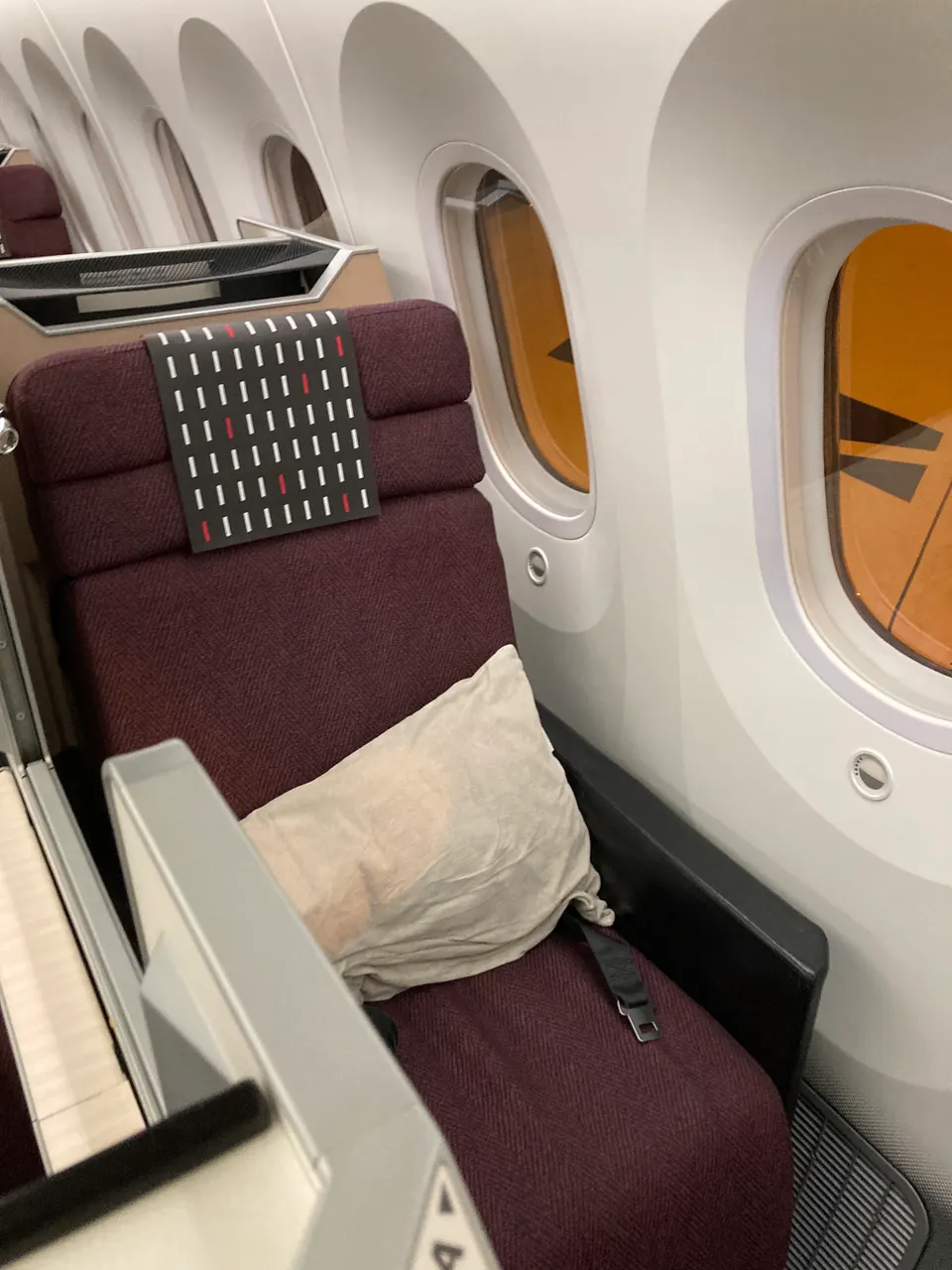 Asiento reclinable de clase ejecutiva business class con pantalla individual en un avión comercial moderno.