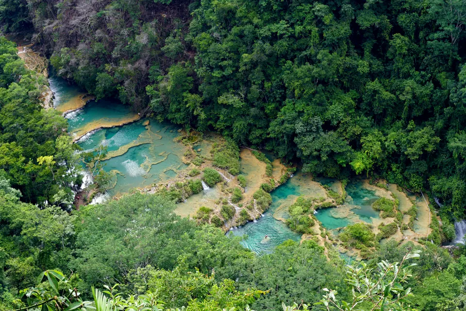 Piscinas naturales escalonadas de agua turquesa cristalina en el cañón kárstico de Semuc Champey.