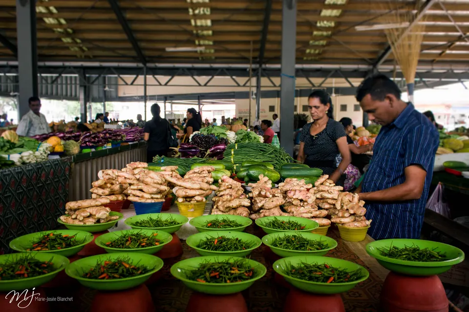 Puestos de piñas frescas, mangos, tubérculos y raíces de kava en el animado mercado municipal de Nadi.