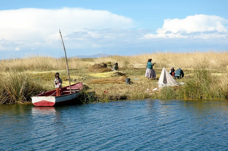 Embarcación tradicional tejida en totora con proa esculpida en forma de cabeza de puma navegando en los Uros