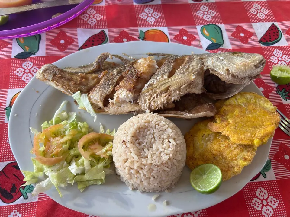 Pescado frito tradicional de la costa del Magdalena servido con patacones y ensalada criolla