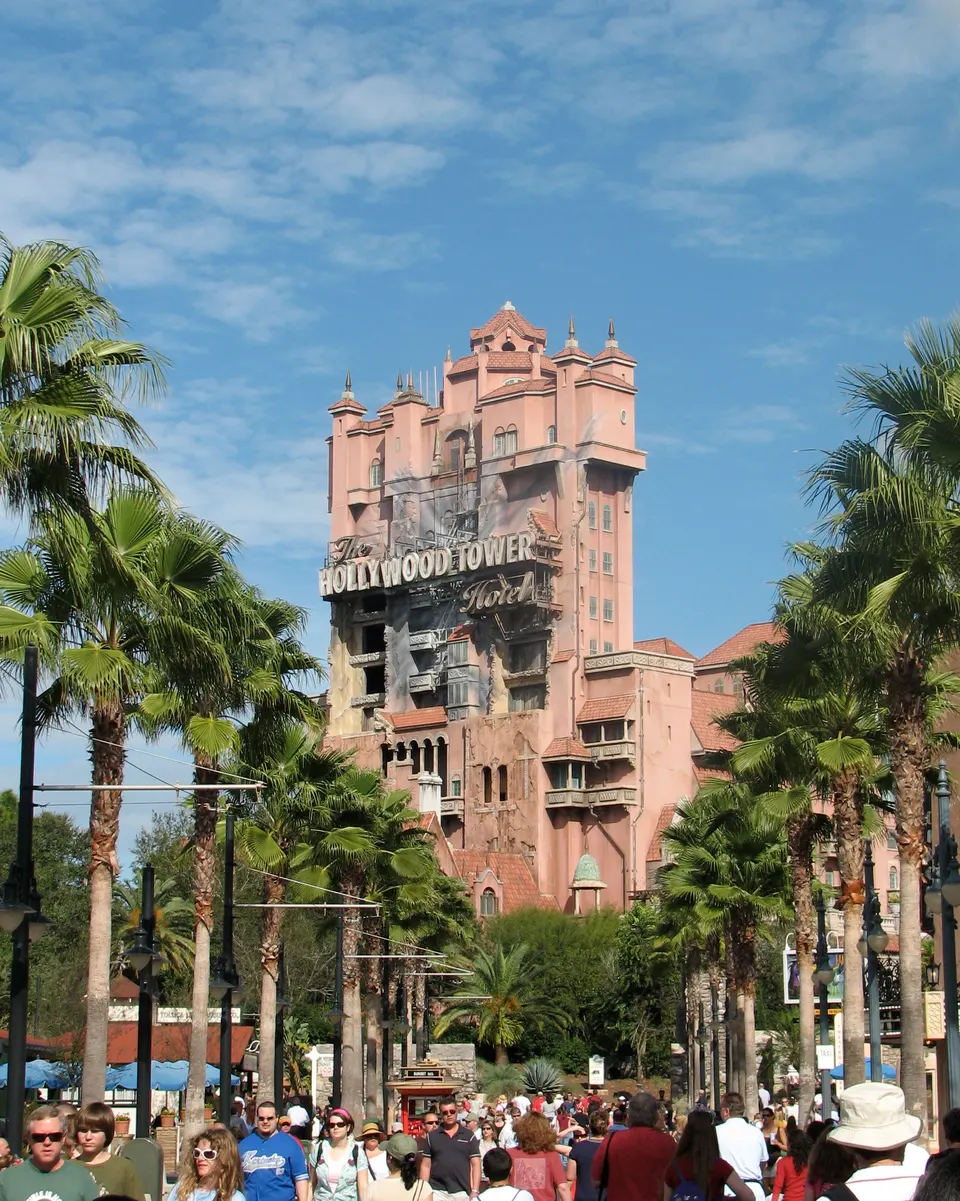 A view down Sunset Boulevard in Disney's Hollywood Studios, showing the Hollywood Tower Hotel.  This sinister building h en orlando
