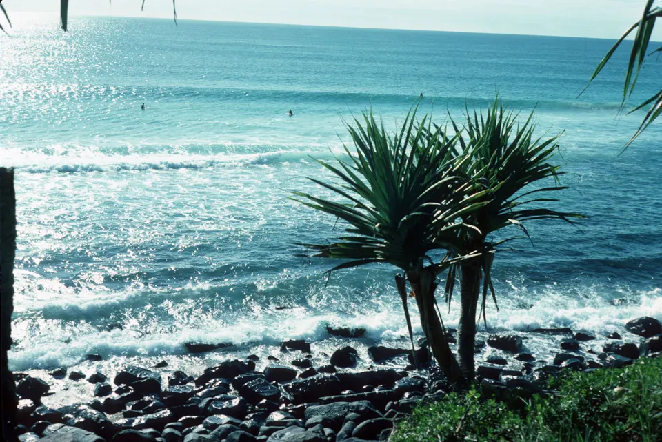 Parque nacional costero y célebre rompiente de surf de Burleigh Heads con la silueta de Surfers Paradise.